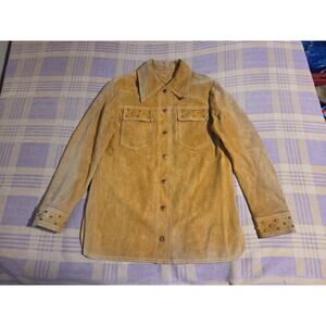 70s Vintage Suede Leather Studded Shirt Jacket Hippie Heavy Faded Snap Button